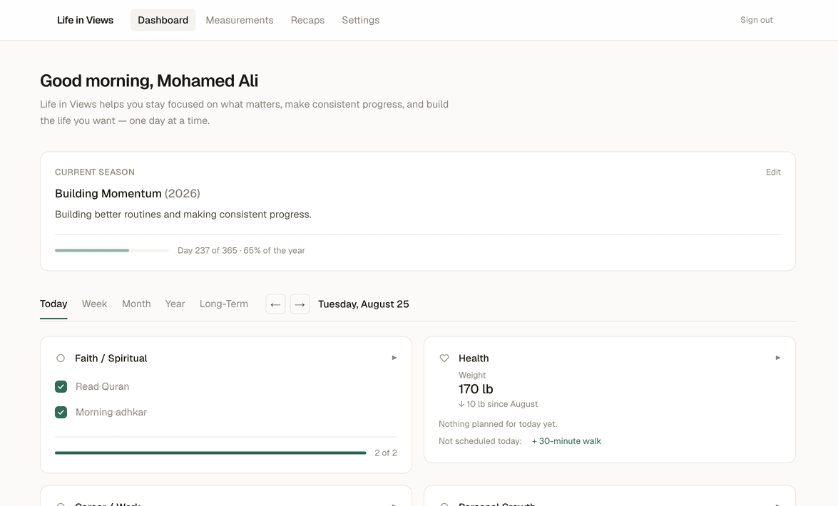 The Life in Views dashboard showing today's priorities across four life areas