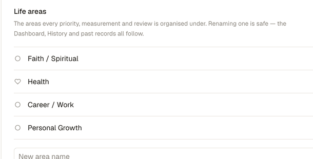 Settings screen listing four life areas with rename and reorder controls